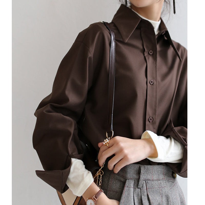 Casual Solid Color Long Sleeve Blouse - Korean Style