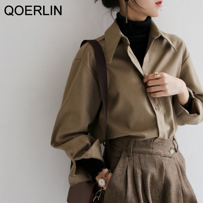 Casual Solid Color Long Sleeve Blouse - Korean Style
