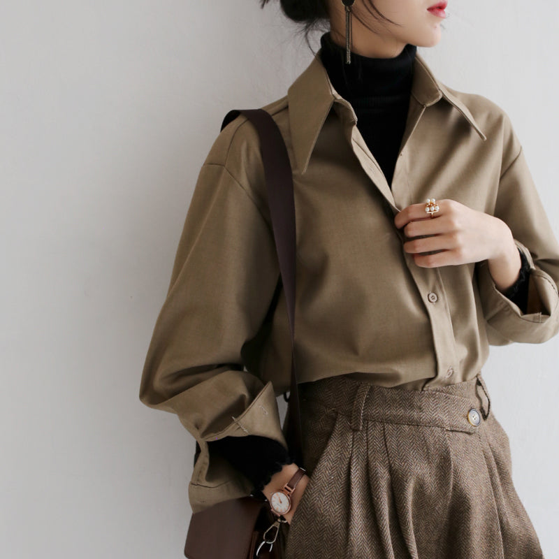 Casual Solid Color Long Sleeve Blouse - Korean Style