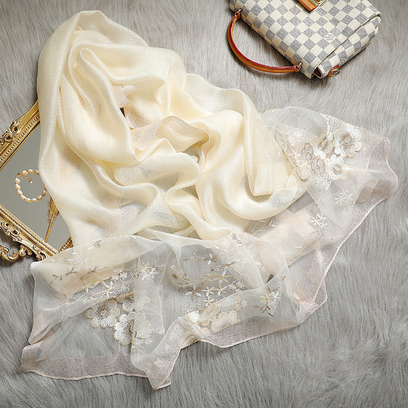 Embroidered Silk Scarf with Wool Blend for Women
