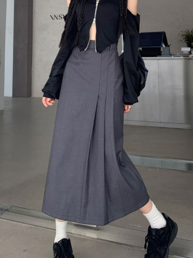 Retro Y2K Splicing Pleated Long Skirt for Women