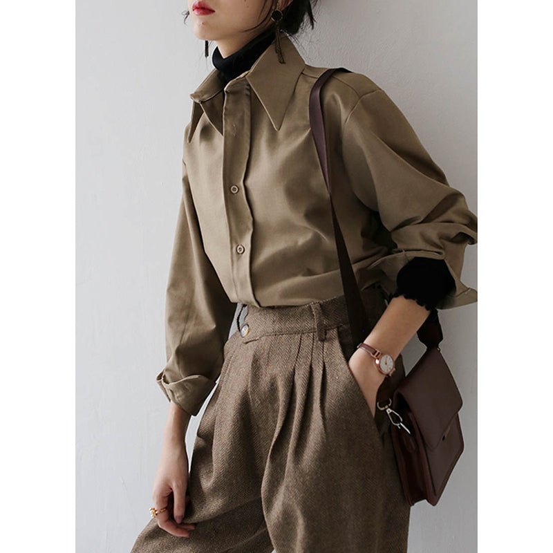 Casual Solid Color Long Sleeve Blouse - Korean Style