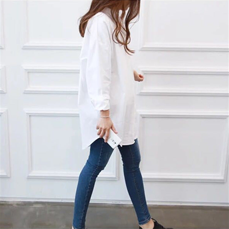 Women's Mid-Length Long Sleeve White Shirt